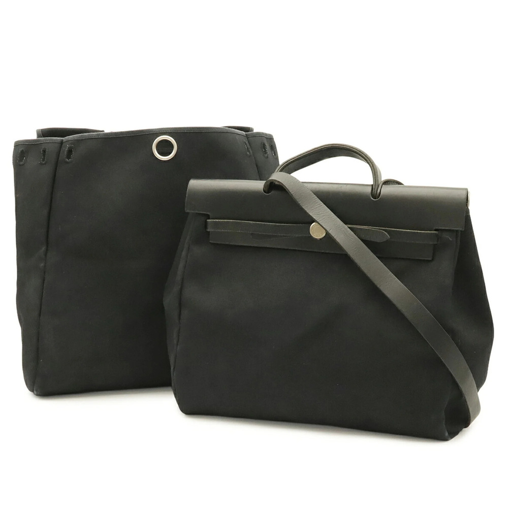 HERMES Herbag MM Handbag Shoulder Bag Toile Officier Leather Black □E Stamp